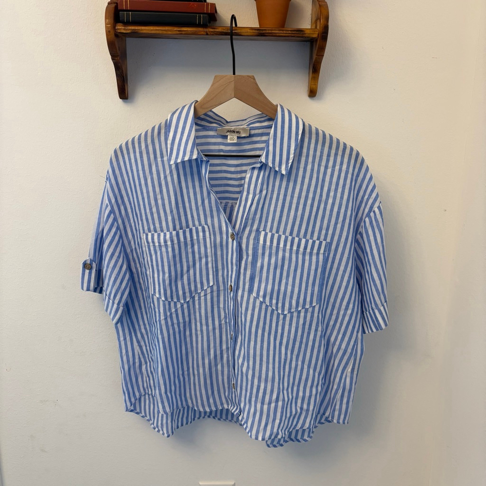 Jason Wu Blue White Striped Camp Shirt L Relaxed Fit Short Sleeve Button Up